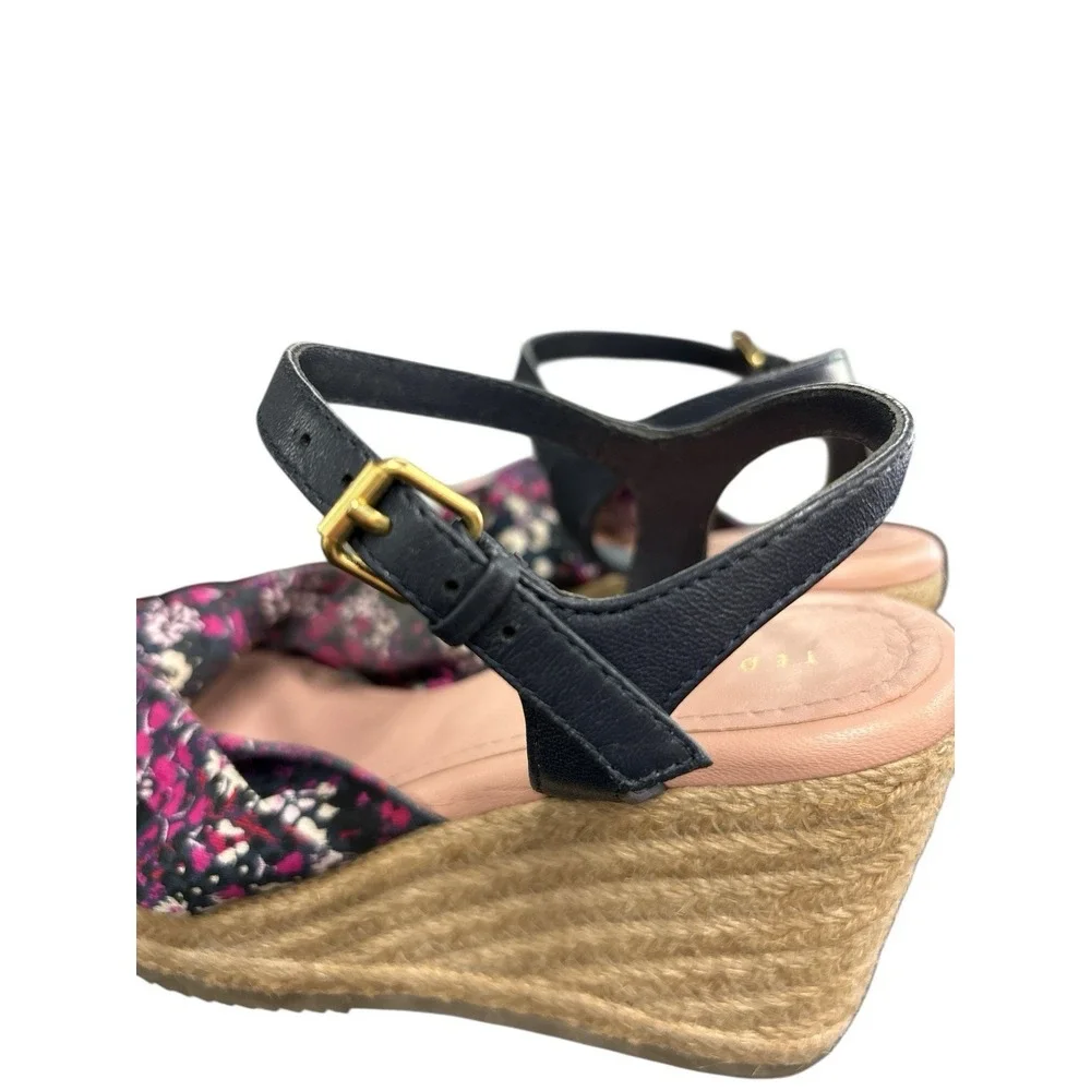 Ted Baker London Taylina Floral Espadrille Wedge‎ Sandal Navy Blue Size 7.5 / 38